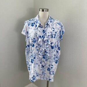Calvin Klein Womens Plus 2X Blue White Floral Ruffle Sleeve Button Up Blouse Top
